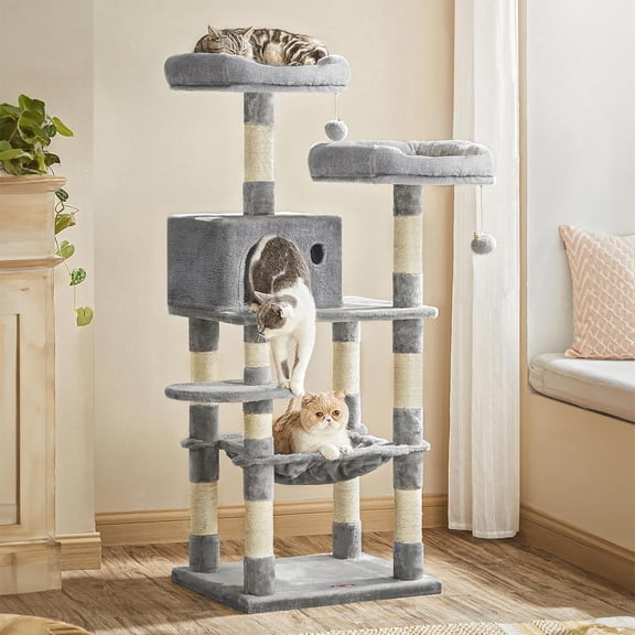 FEANDREA Cat Tree, Cat Tower for Indoor Cats, 56.3-Inch Cat Condo with Scratching Posts, Hammock, Plush Perch, Light Gray UPCT15W