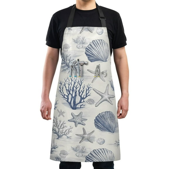 Kitchen Apron with 2 Pockets Adjustable waterproof Cooking Aprons for Women Men Chef Seashells Starfish Seaweed