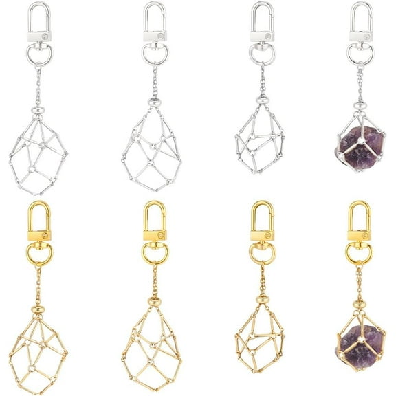 8pcs 4 Styles Crystal Stone Holder Keychains Golden Crystal Pendant Key Chain Brass Cage Mesh Keychain Empty Crystal Holder with Adjustable Length for DIY Jewelry Crafts Purse Decoration