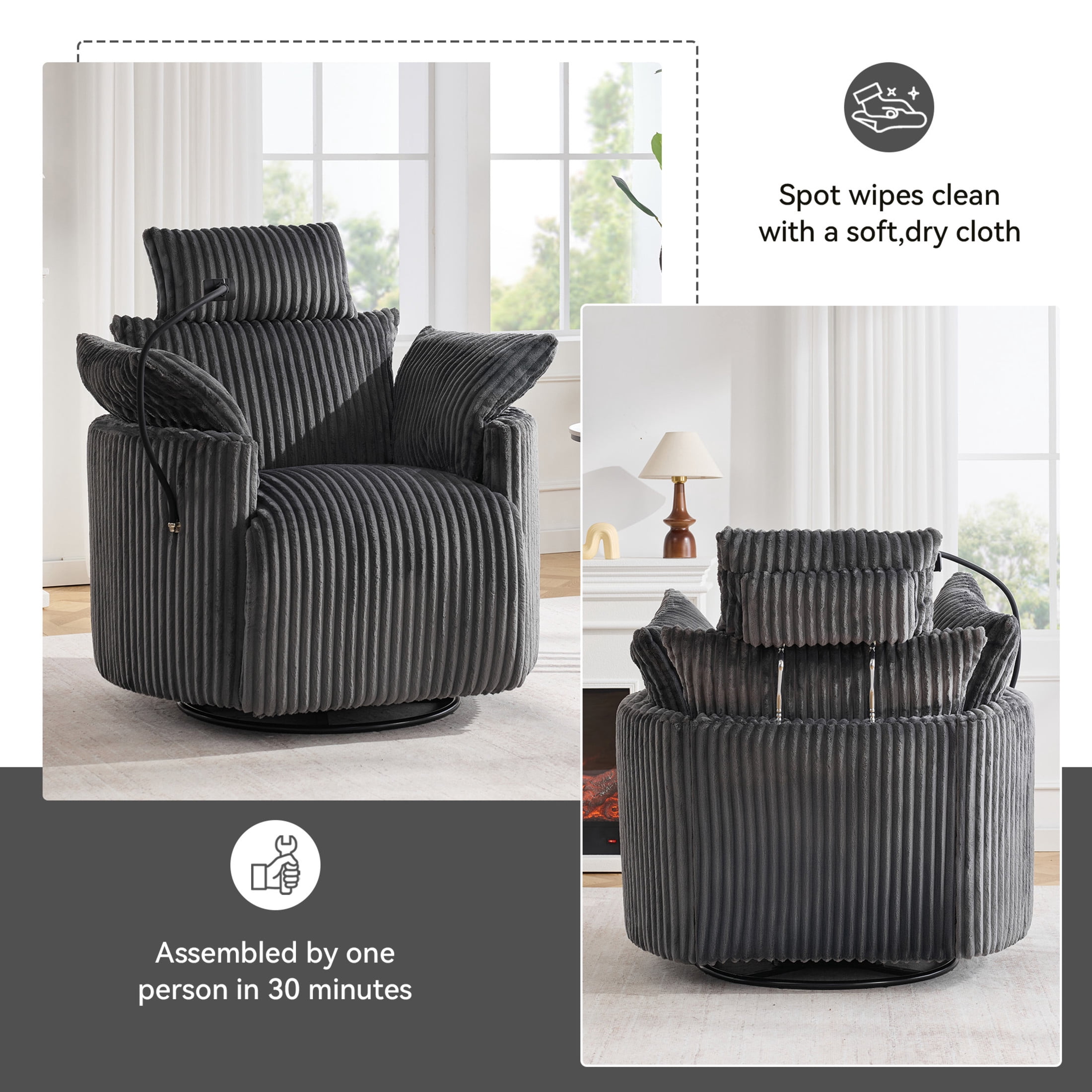 Noble House Sigrid 360° Swivel Rocking Recliner Chair, Electric Power Adjustable Corduroy Armchair with USB, Gray