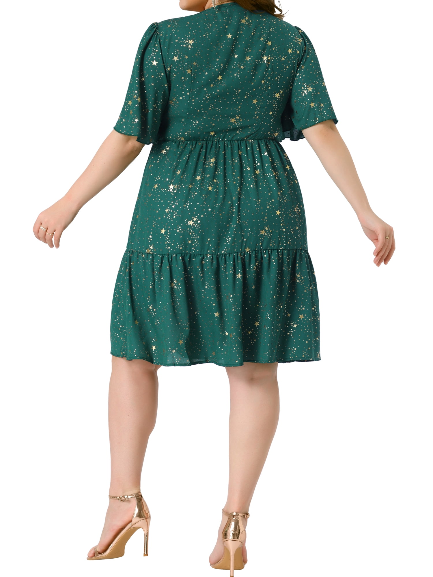 DARING DIVA Plus Size Chiffon Square Neck Short Sleeve Metallic Dress 2X Green