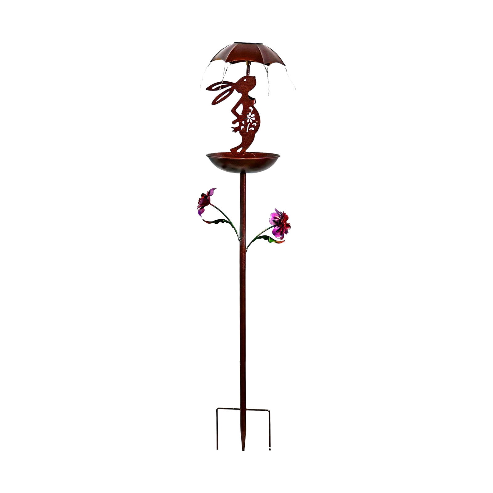 Solar Bird Feeder Iron Bunny Umbrella Stake with Solar Powered Light for Garden Yard Patio Outdoor Metal Ground Decor Easter Spring Wrought Iron