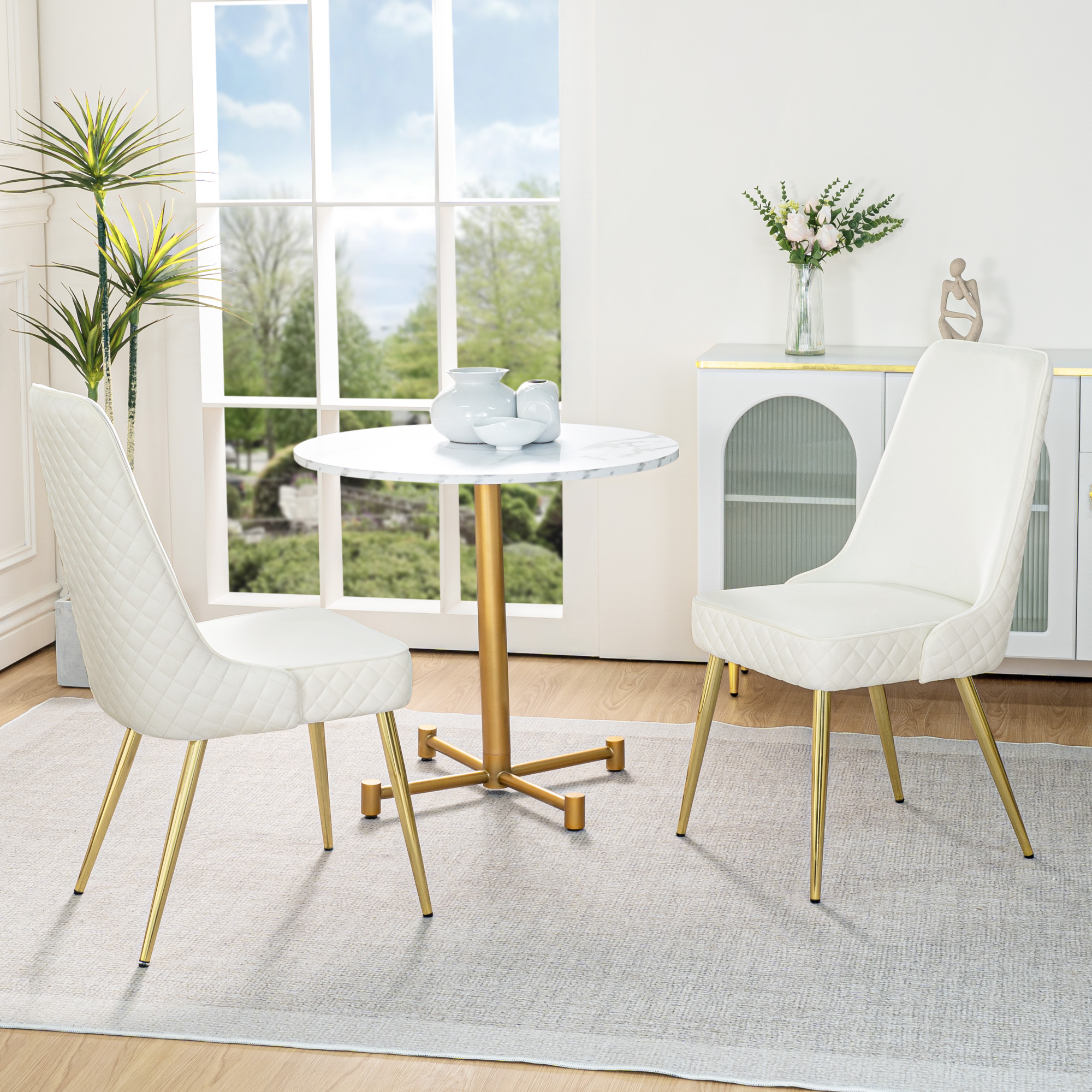 WELLET High Back Velvet Dining Chairs, Gold Legged, Set of 2, White