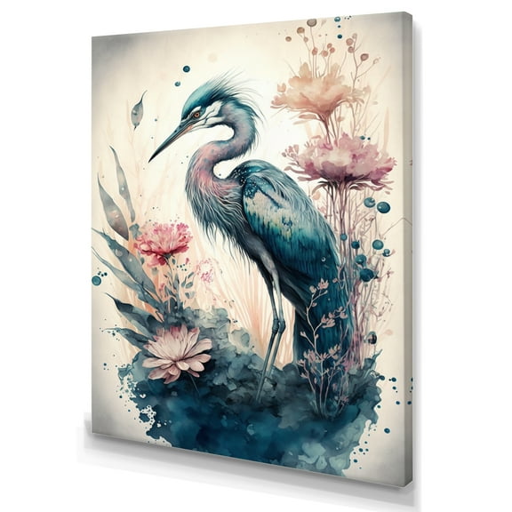 Designart Cute Heron Floral Art VI Canvas Wall Art