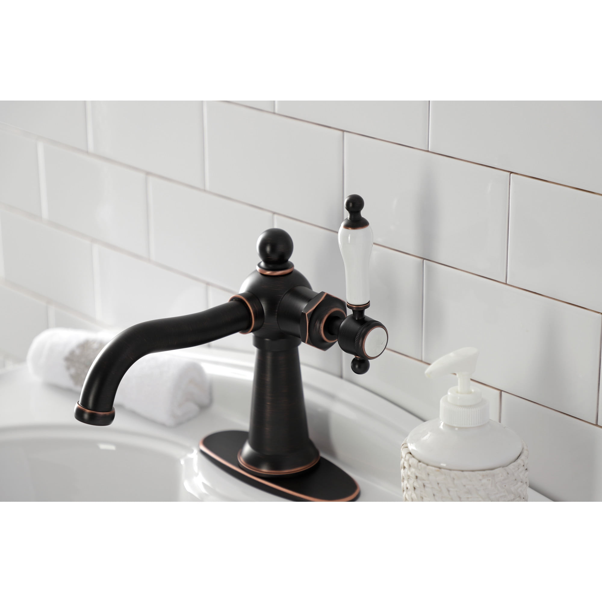 Kingston Brass KSD154KLNB Nautical One-Handle Single-Hole Bathroom Faucet with Deck Plate and Push Pop-Up Drain, Naples Bronze