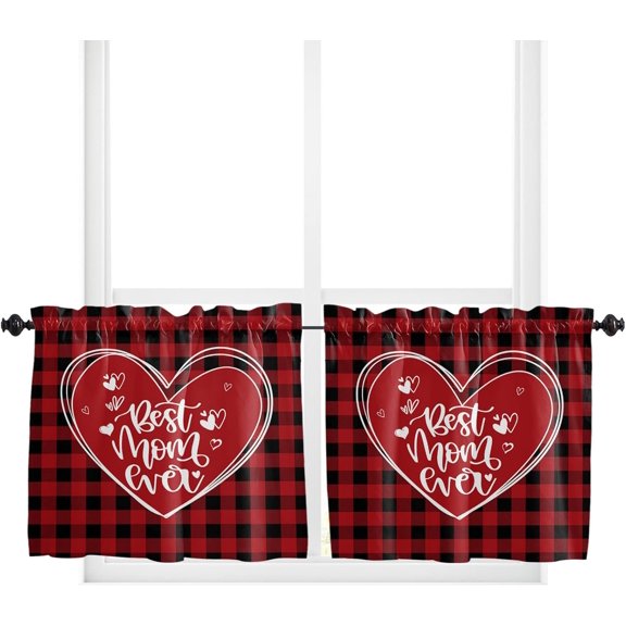 Red Love Mom Mother''s Day Buffalo Window Tier Curtains 36 Inches Long Set of 2 Panels, Half Windows Rod Pocket Kitchen Curtains Black Red Plaid Small Kitchen Drapes for Bathroom Cafe