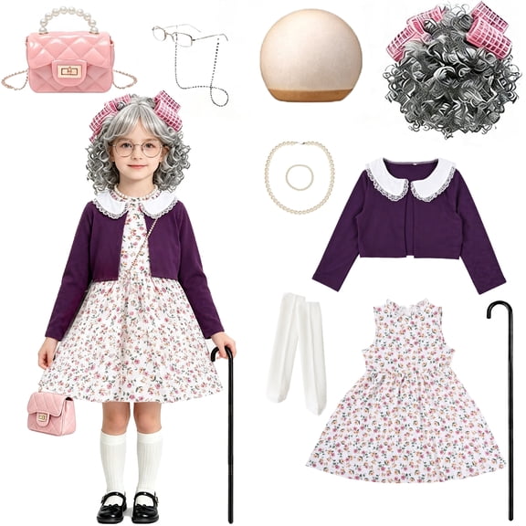 Gingprous Old Lady Dress Up for Kids 100th Day of School Granny Wig Accessories Outfit