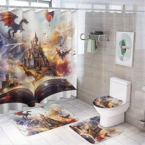 4Pcs Magical Book Fantasy Shower Curtain Set with Rugs, Toilet Lid Cover and Bath Mat, Classic Castle Balloon Dragon Bathroom Curtains Decor Shower Curtains, 72" x 72"