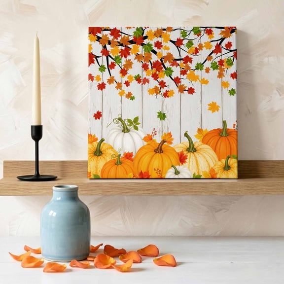 Thanksgiving Pumpkin Wood Board Canvas Wall Art, Framed Wall Art Waterproof Canvas Prints Paintings 8"x8", Fall Maple Leaf Botanical Oil Painting for Bedroom Living Room Bathroom Home Decor