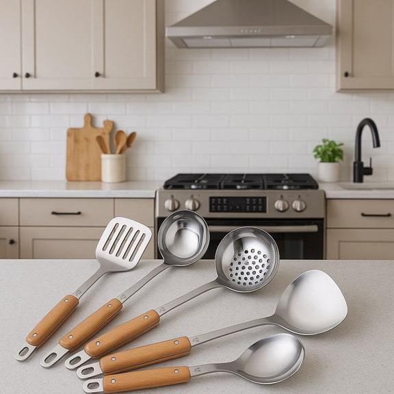 Greenwalnut 5-Piece Stainless Steel Kitchen Utensil Set with Wooden Handles