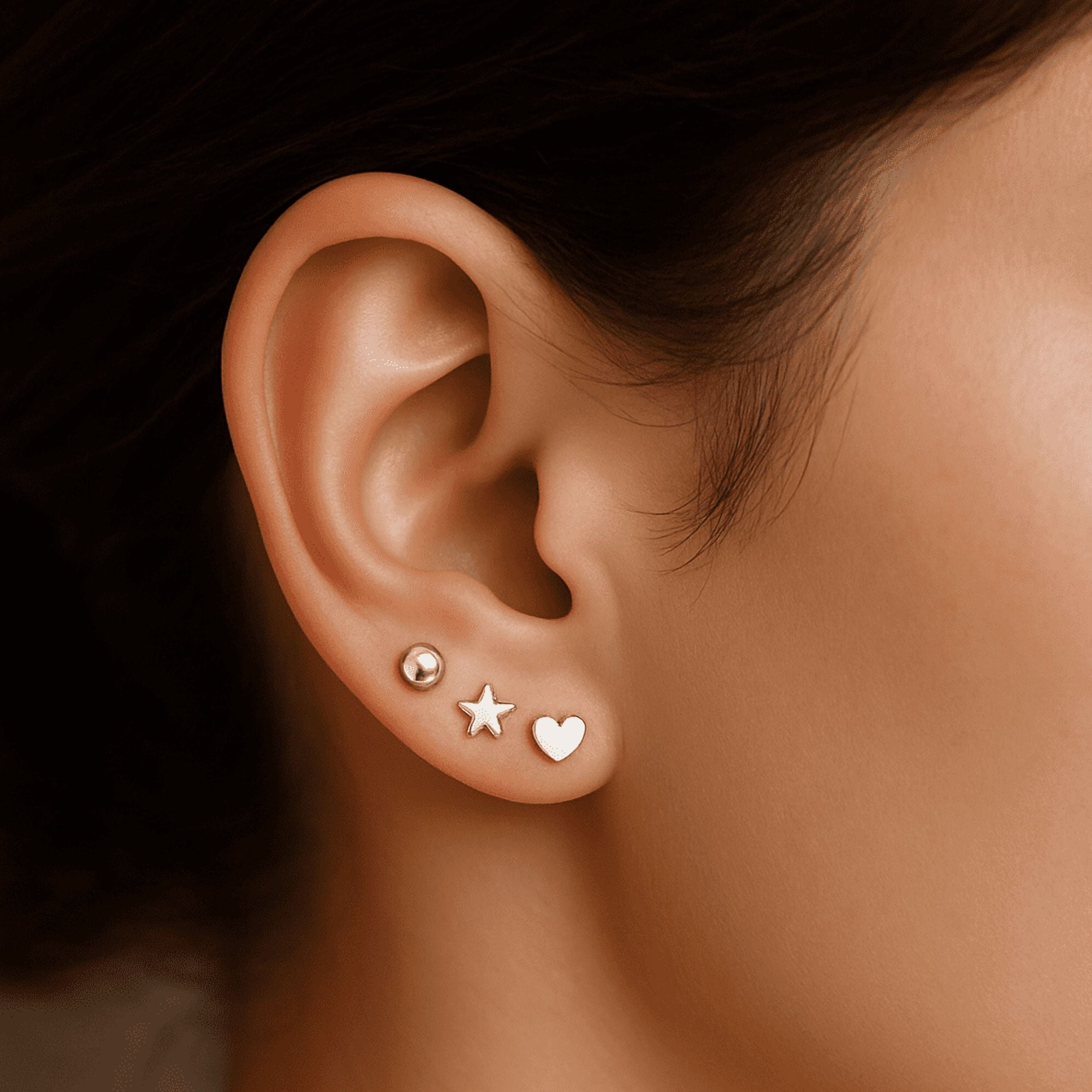 LeCalla 925 Sterling Silver Light-Weight Classic Small Ball, Star and Heart Post Stud Earrings for Women and Teen Set of 3 Pairs 5MM