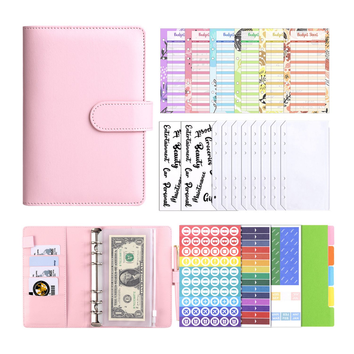 A6 Binder Cash Envelope System PU Leather Budget Planner with Budget Sheets Stickers for Money Saving