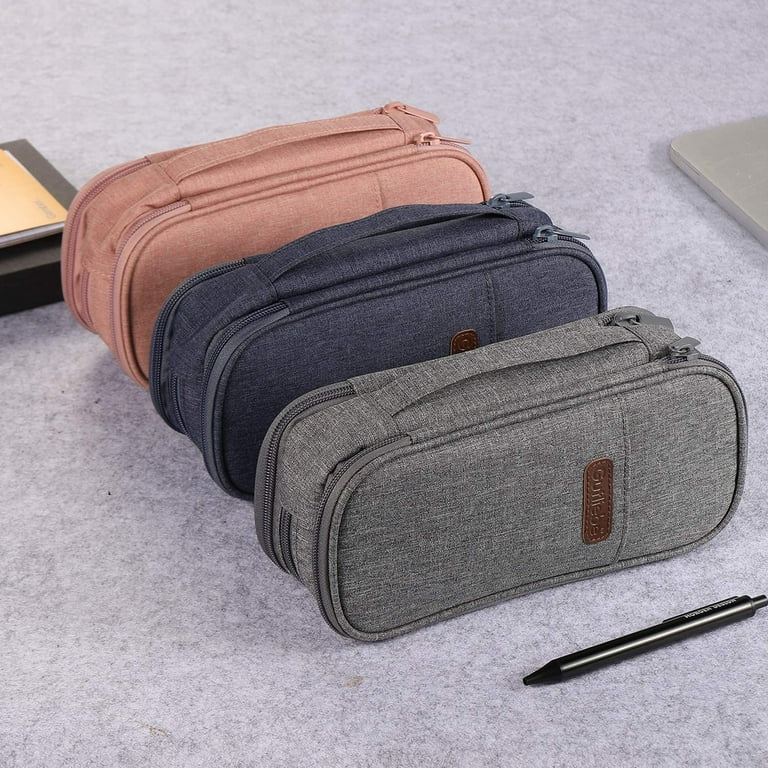 Enday Big Capacity Pencil Case, 3 Compartments Pencil Bags with Zipper, Black