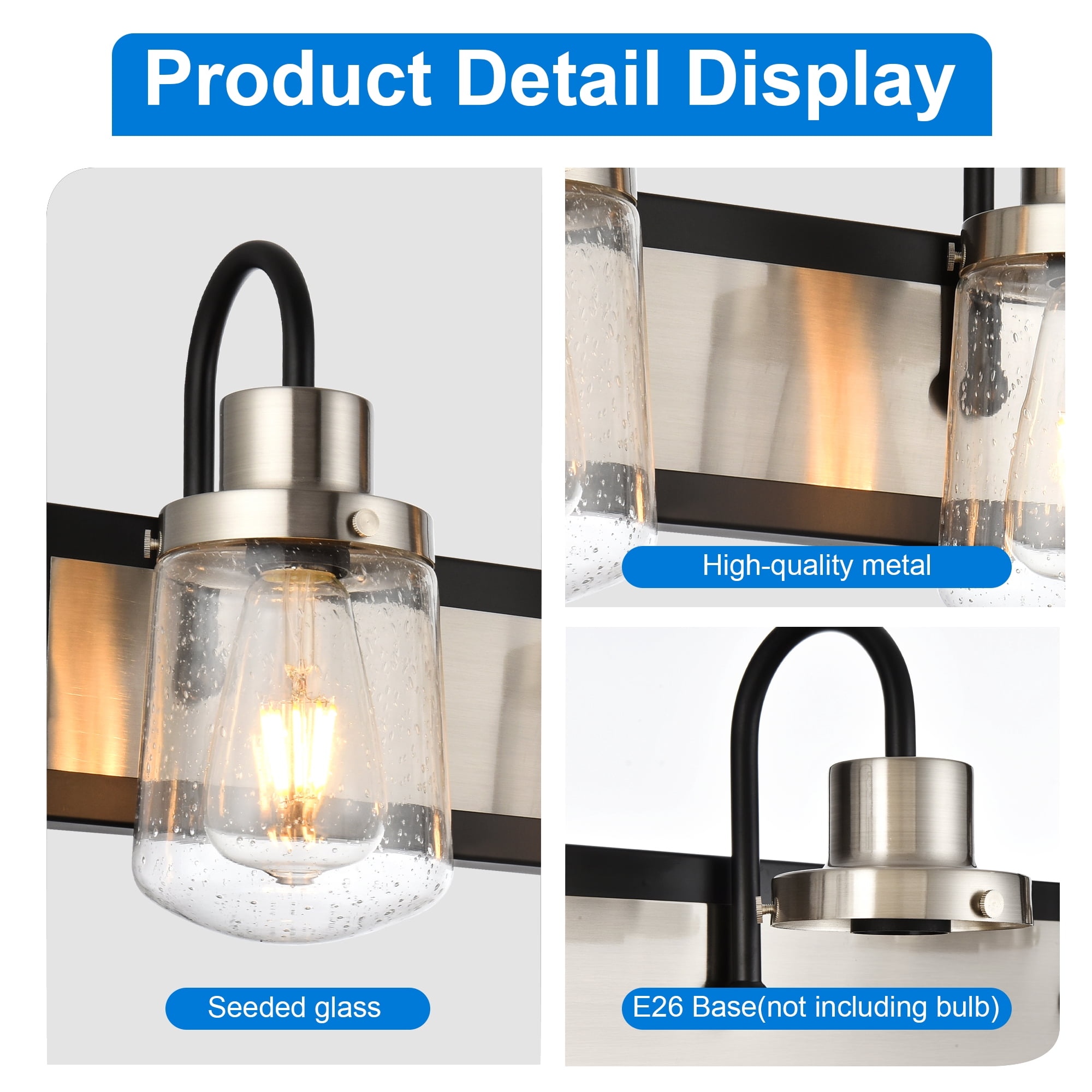 Melucee Black and Brush Nickel Vanity Light, 5-Light Fixture Seeded Hourglass Glass Shade E26 Bubble, Over Mirror Light for Bathroom