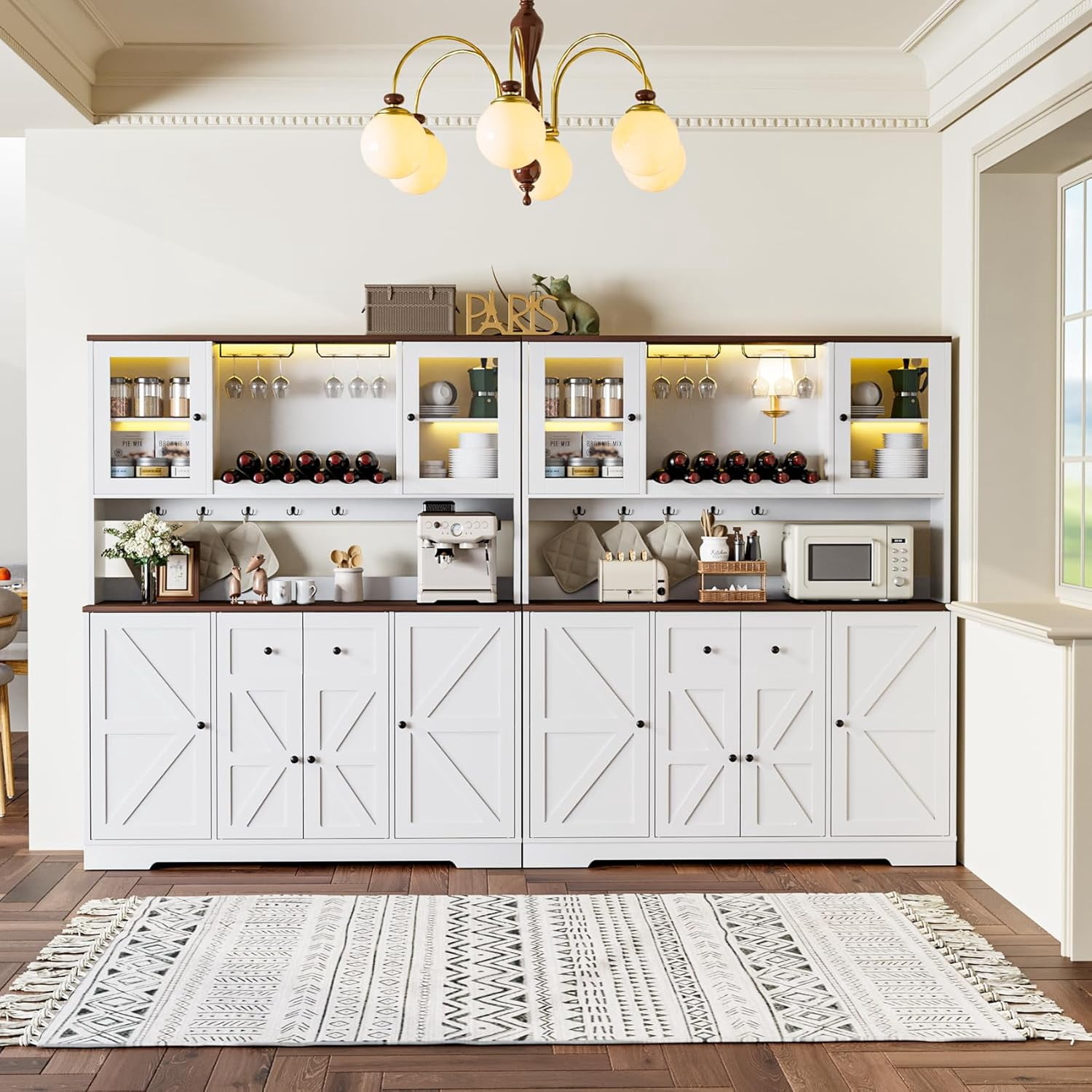 HAUXITIO 55"W Farmhouse Kitchen Pantry with Charging Station & Wine Rack,68" Tall Buffet Cabinet with Large Countertop for Dining Room,White