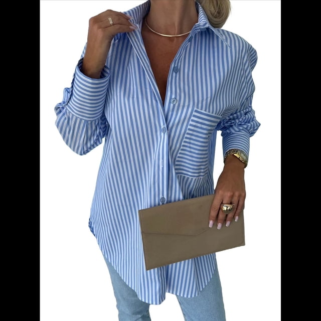 Camisas de Rayas con Botones para Mujer, Blusas Informales de Larga con Cuello para Oficina, Trabajo, Azul M