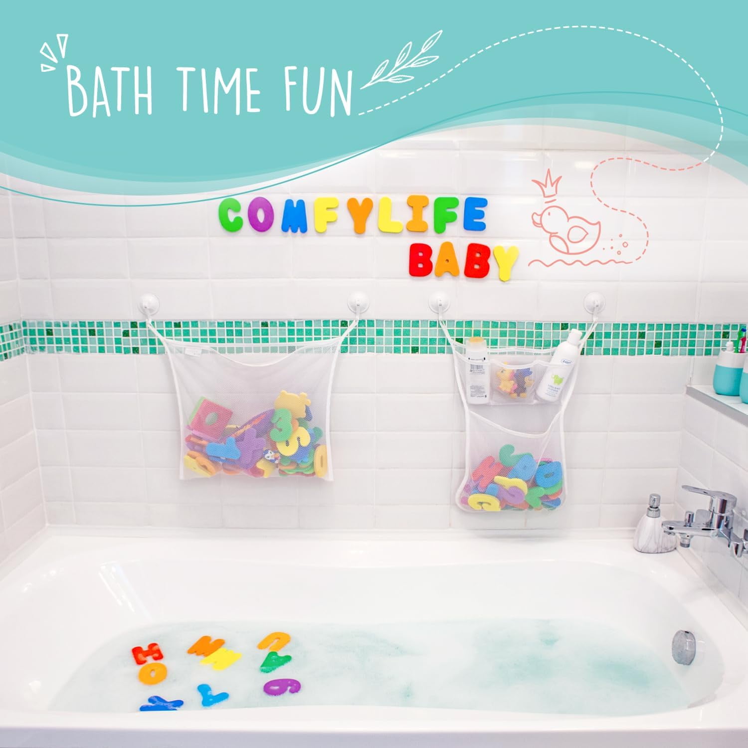 2 x Mesh Bath Toy Organizer With 36 Bath Letters & Numbers , Educational Foam Letters and Perfect Toy Storage Net for Baby Bath Toys