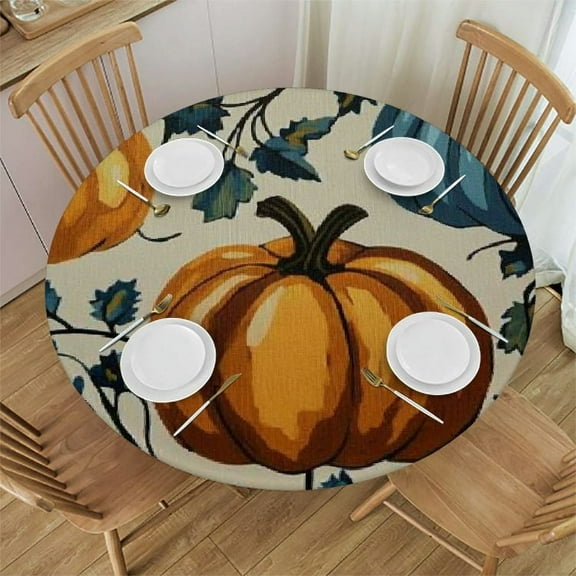 Patifu Pumpkins Leaves Folk Art Round Tablecloth Stain Resistant Washable for Indoor Outdoor Restaurants Weddings Parties Thanksgiving Waterproof Fabric 31"-35