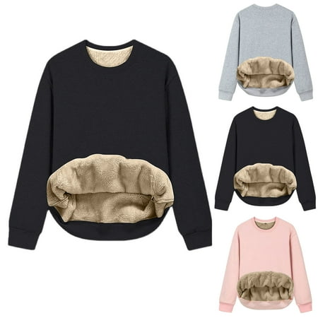Jinhomg Womens Thick Fleece Lined Sweatshirt Casual Comfy Solid Sherpa Loungewear Tops Fall Winter Soft Warm Long Sleeve Crewneck Pullovers Summer Saving Gray XXL