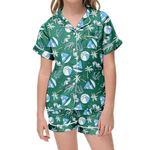 Satin Pajama Set for Girls Comfortable Short Sleeve Sleepwear and Shorts with Classic Button Down Design