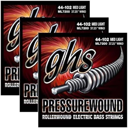 GHS ML7200 Pressurewound Scale Bass Guitar String Set - Medium Light 44-102, Pack of 3