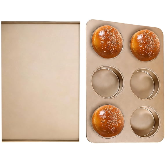 6 Cup Nonstick Baking Pan Set, Golden Hamburger Bun Pan with Lid, 13.4 x 9.1 in English Muffin Pan, Carbon Steel Jumbo Muffin Top Pan for Bread, Rolls