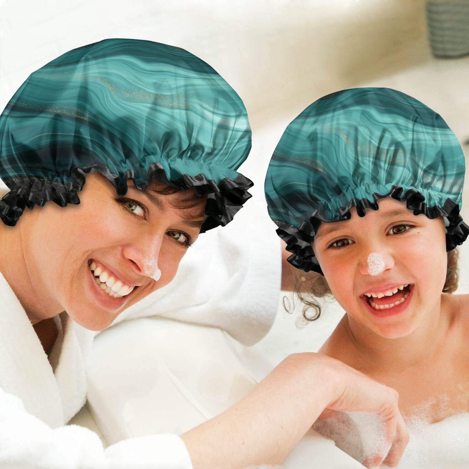 Shower Caps,Teal and Gold Marble Glitter Waves Pattern Waterproof Shower Cap for Women 4 Pieces,Double Reusable Hair Cover for Shower PEVA Elastic Stretch Hem