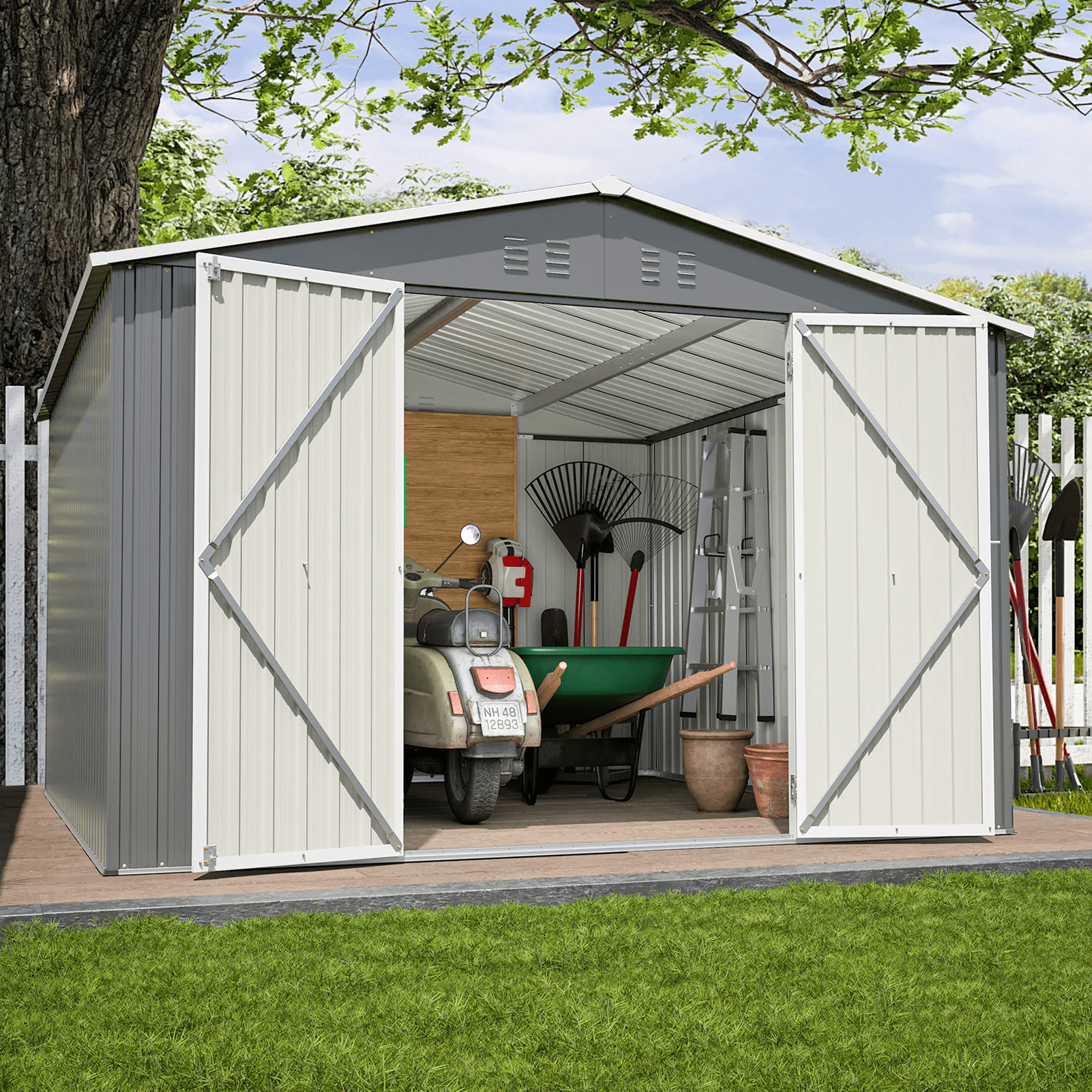 10 x 10 FT Outdoor Storage Shed, Large Metal Tool Sheds with Updated Frame Structure and Lockable Doors, Garden Shed for Backyard Garden Patio Lawn, Grey