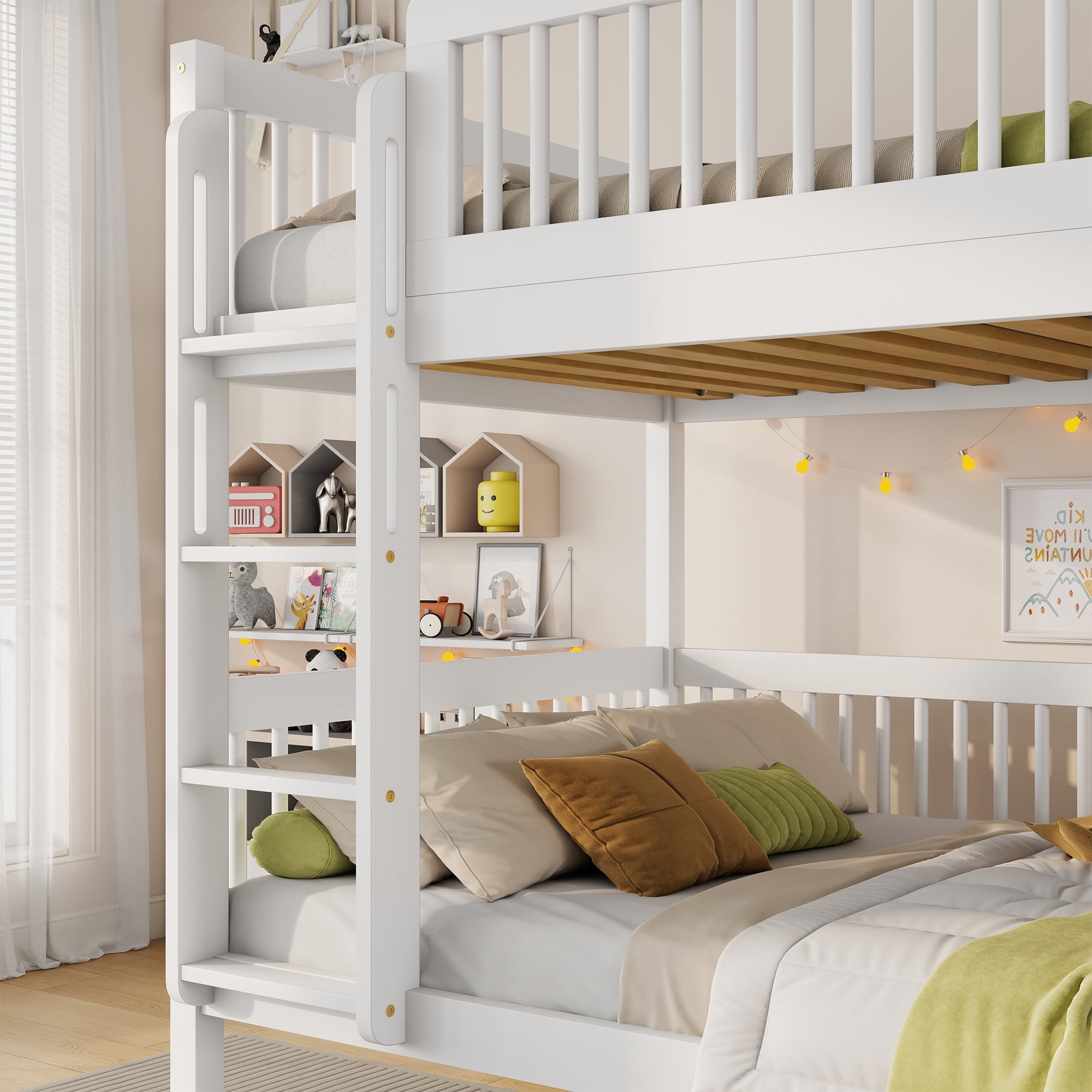 HOQBN Twin Over Twin Pine Wood Bunk Bed with 2 Drawers, Convertible into 2 Twin Beds, Twin Over Twin Bunk Bed Frame with Ladder and Safety Guardrails,White