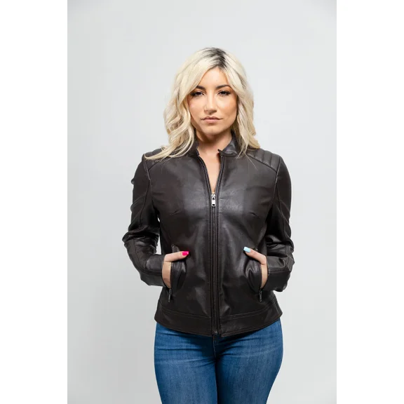 Whet Blu BEVERLY Vegan Faux Leather Fashion Collar Zip-Up Stylish Design Lightweight Outerwear  Jacket Women Brown Extra Small