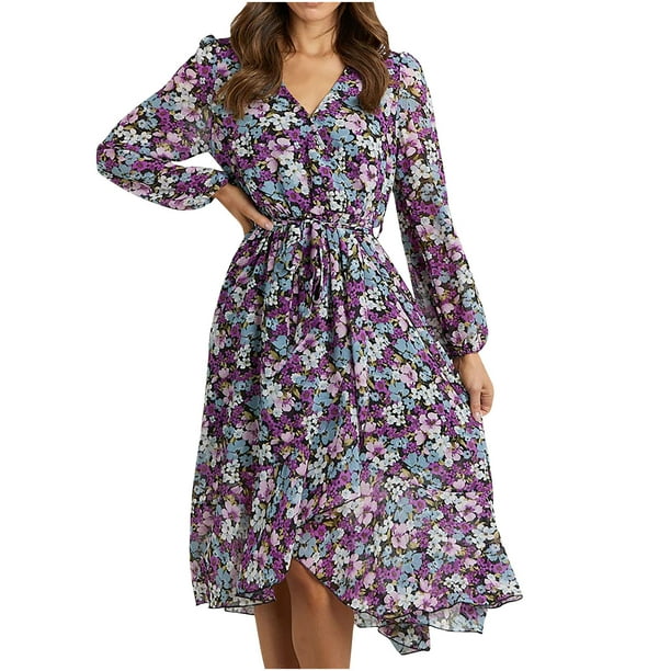 Moda mujer vendaje pliegue manga larga causal estampado floral vestido largo Fridja yut4104