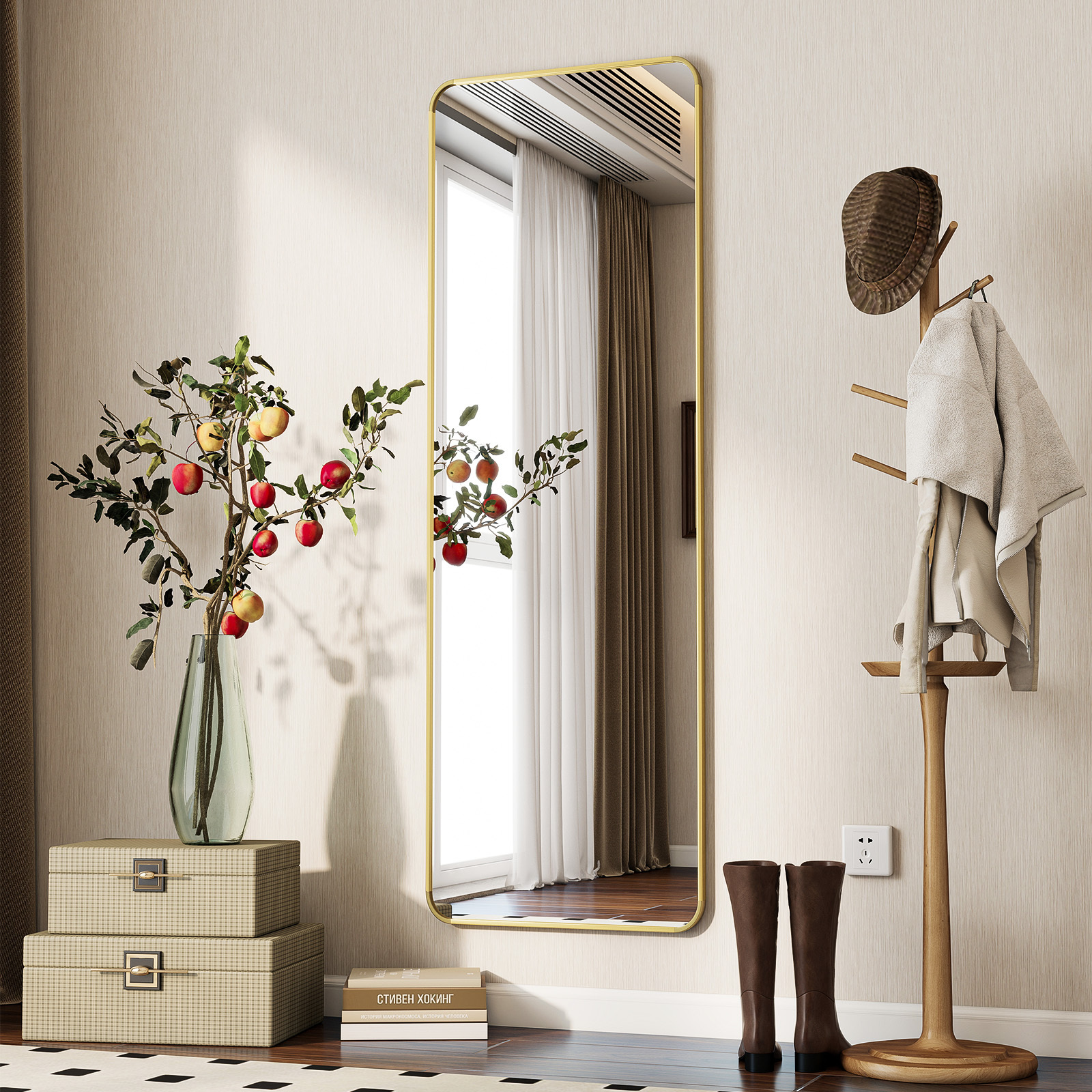 Easy4Home 16"x59" Rectangular Full Length Mirror with Round Corner Standing Full Body Mirror, Gold