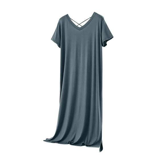 Tnhcen Women's V-Neck Modal Nightgown Long Sleepwear Short Sleeve Loose Fit Comfortable Soft Ankle Length L-XL Multiple Colors Available Army Green
