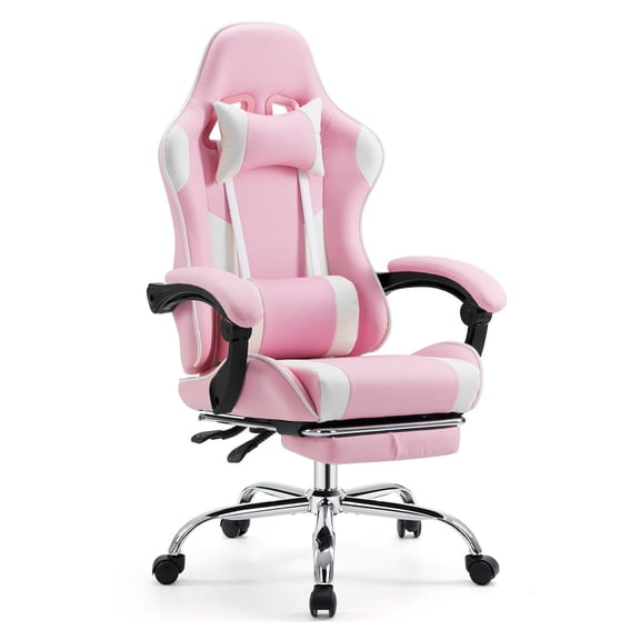 Gaming Chair with Footrest - Ergonomic Computer Desk Chair with Lumbar Support & Headrest, PU Leather Recliner, Fixed Armrests - Sweetcrispy