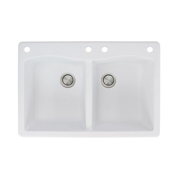 Transolid Aversa 33in x 22in silQ Granite Drop-in Double Bowl Kitchen Sink with 4 CADE Faucet Holes, In White
