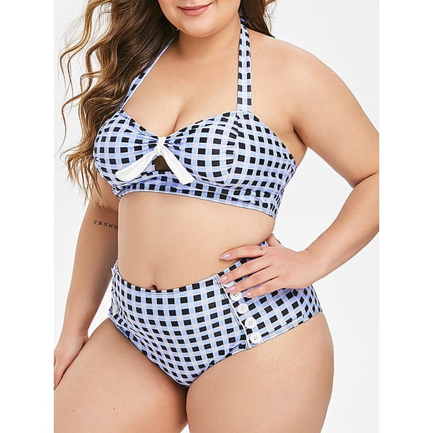 A cuadros abotonado cabestro de la vendimia más el tamaño de traje de baño bikini Rosegal Leggings de talla grande