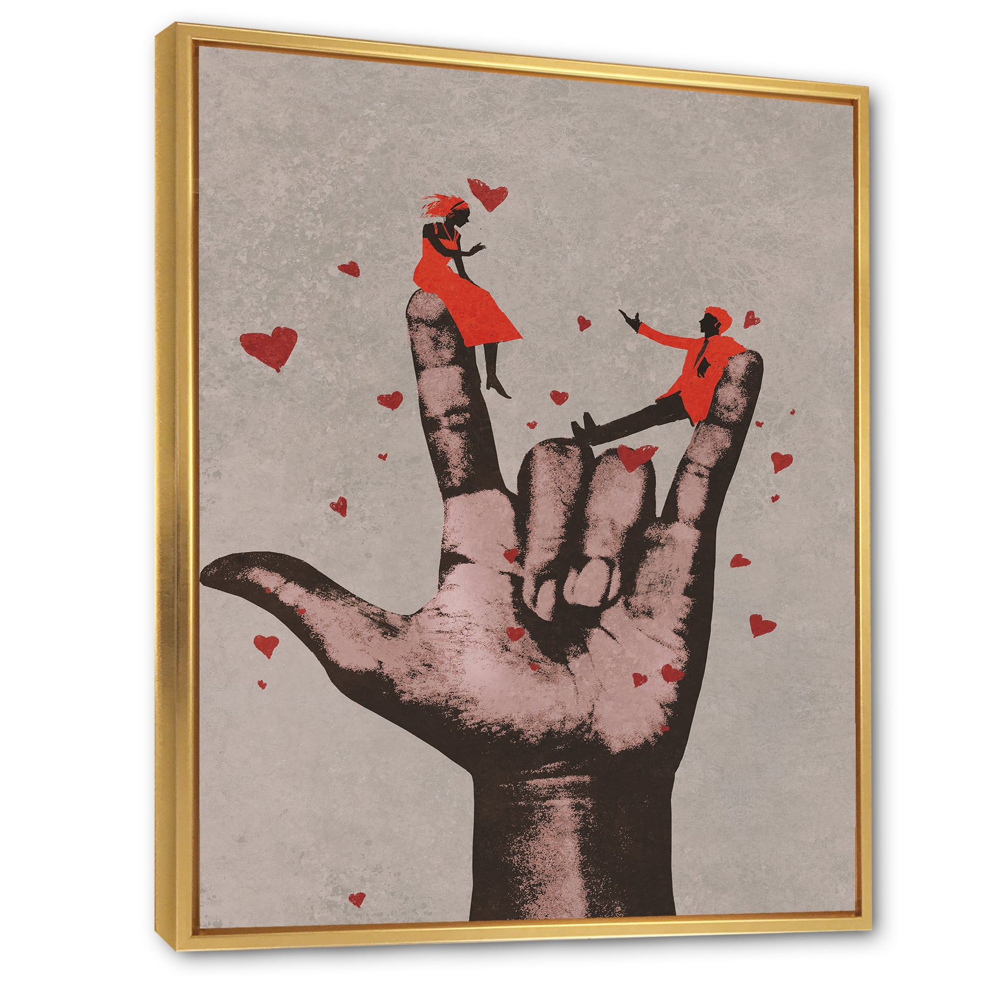 Designart 'I Love You Hand Sign With Romantic Couple' Modern Framed Canvas Wall Art Print