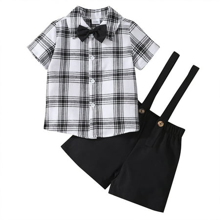 

MXIEZI Toddler Boys Gentleman Short Sets Kids Short Sleeve Button Down Plaid Shirt with Suspender Shorts 2 Piece Summer Outfit with Age 18 Months-6 Years