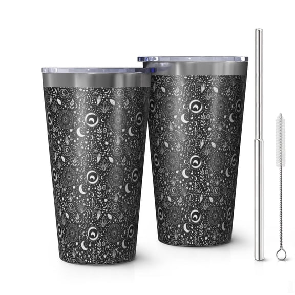 16oz Tumblers Black White Moon Plant Pattern Stainless Steel Vacuum Insulated Double Wall Travel Tumbler Cups Mug with Lid and Straw,Cleaning Brush for Coffee,Tea
