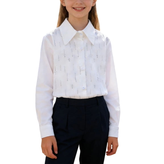 Girl Shirt Button-Down Long Sleeve Formal Casual Blouses White Collared School Uniform Tops Girls Fashion (9 Years, White #B)