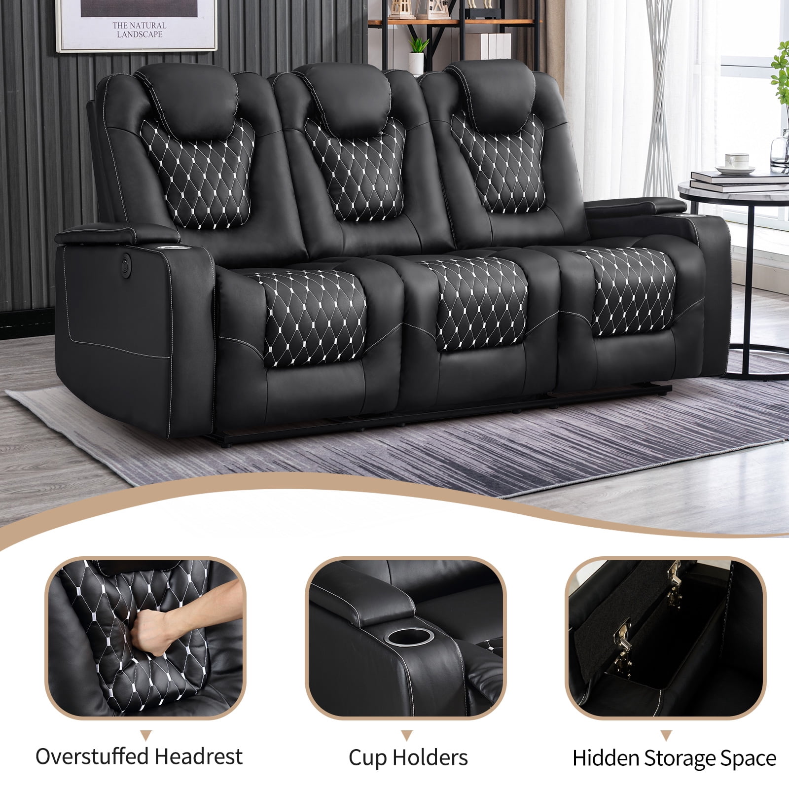 Bonzy Home Theater Recliner Chair Sofa, PU Leather 3 seat Power Recliner Sofa with Cup Holders, USB Ports, Black