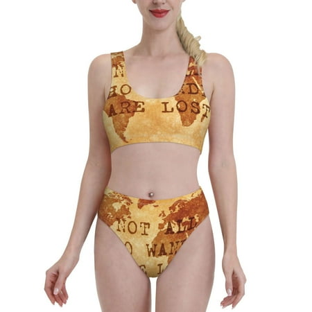Bixox Not All Those Who Wander Are Lost Pattern Two-Piece Sports Bikini with U-Shaped Top and High-Waist Bottom - Women s Swimwear with Removable Bra Pads