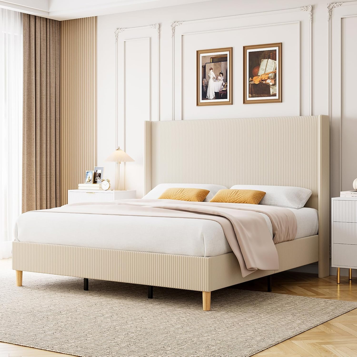 KOKEBREN QUEEN Size Bed Frame, Corduroy Upholstered QUEEN Bed Frame with Wingback Headboard, No Box Spring Needed, Solid Wooden Slats, Noise Free, Beige
