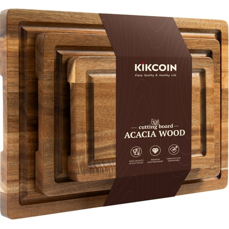 Kikcoin Acacia Wood Cutting Board, Cutting Board Set of 3 with Juice Groove, Wooden Chopping Boards for Kitchen, for Meat & Vegetables
