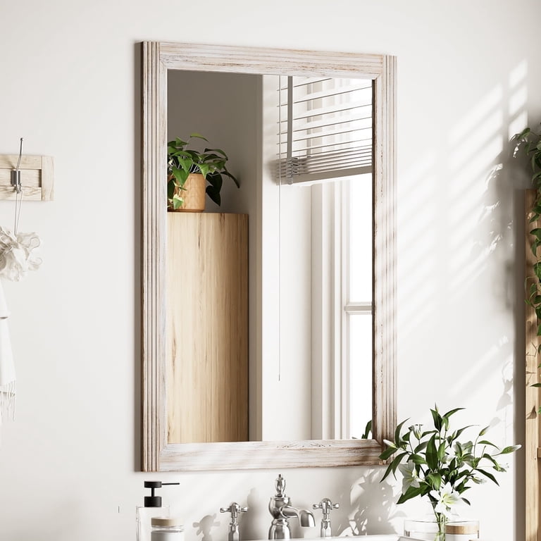 BEAUTYPEAK 36" x 24" Wooden Rectangular Wall Mirror, White photo 1