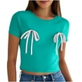 thumbnail image 2 of Blczomt Women Tops Crop Short Sleeve Workout Basic Tees Bow Tie Crew Neck Going Out Green Summer Blouses for Women 2025, 2 of 7