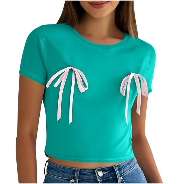 Yuyuzo Hauts de Sortie pour Femmes Nœud Papillon Manches Courtes Crop Top Col Rond T-Shirts Été T-Shirts Basiques
