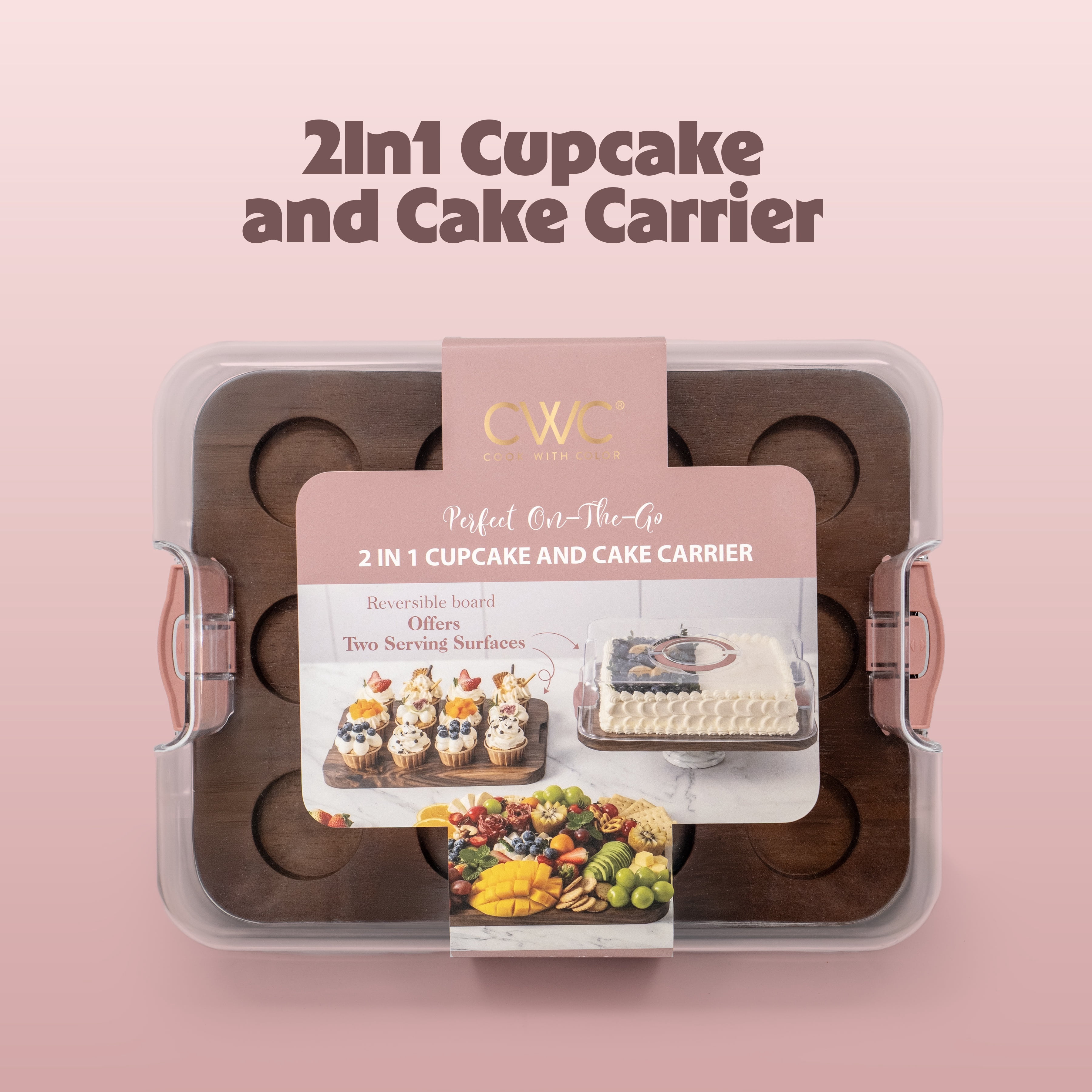 Cook with Color 12-Cupcake Reversible Dark Walnut Wood Rectangular Cake Carrier with Clear Locking Lid