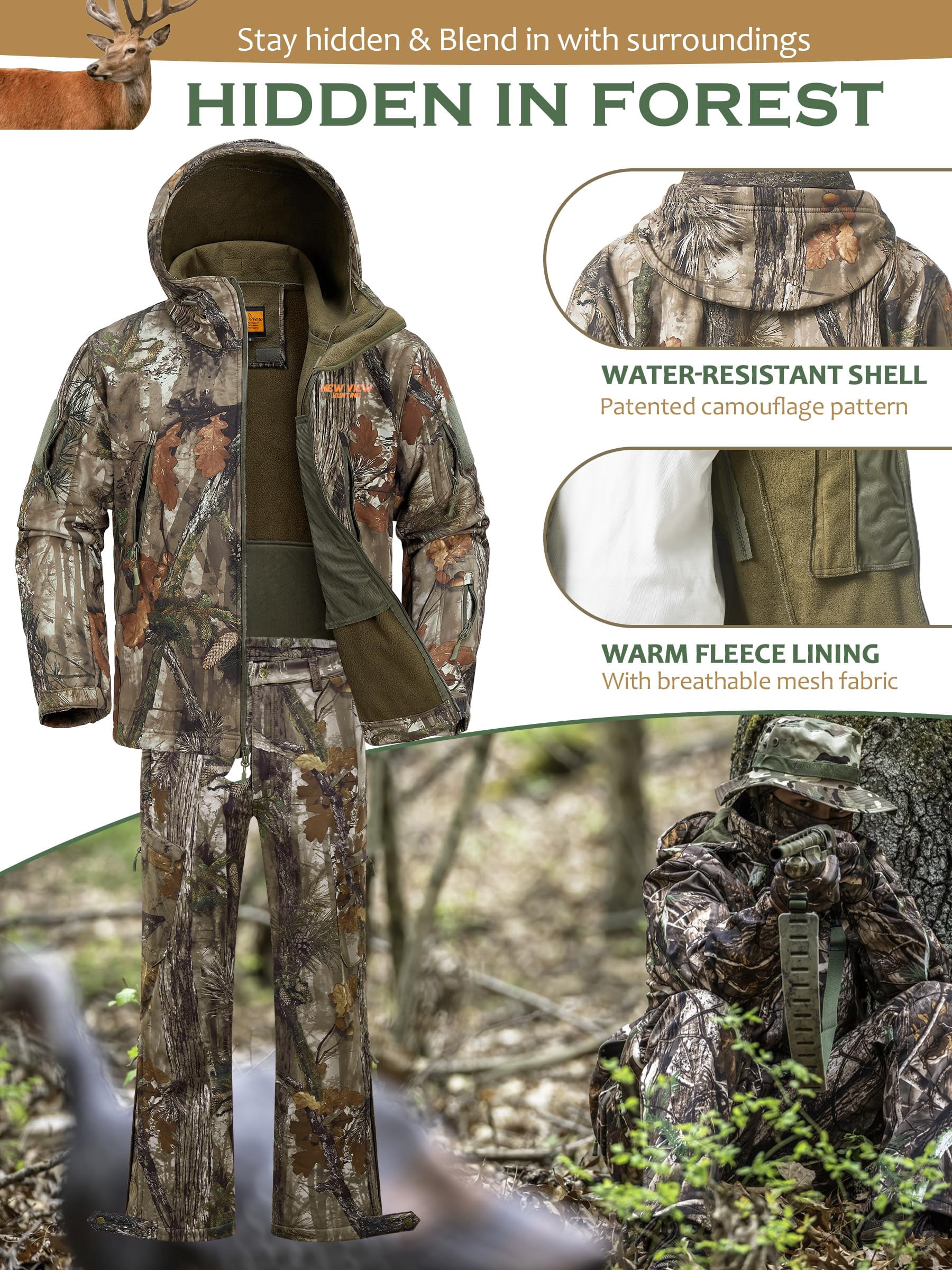 NEW VIEW Camouflage Hunting Clothes for Men, Silent Warm Hooded Jacket and Pants with Fleece Lined, Water-Resistant, Windproof Suits for Cold Weather (Leaf Camo L)