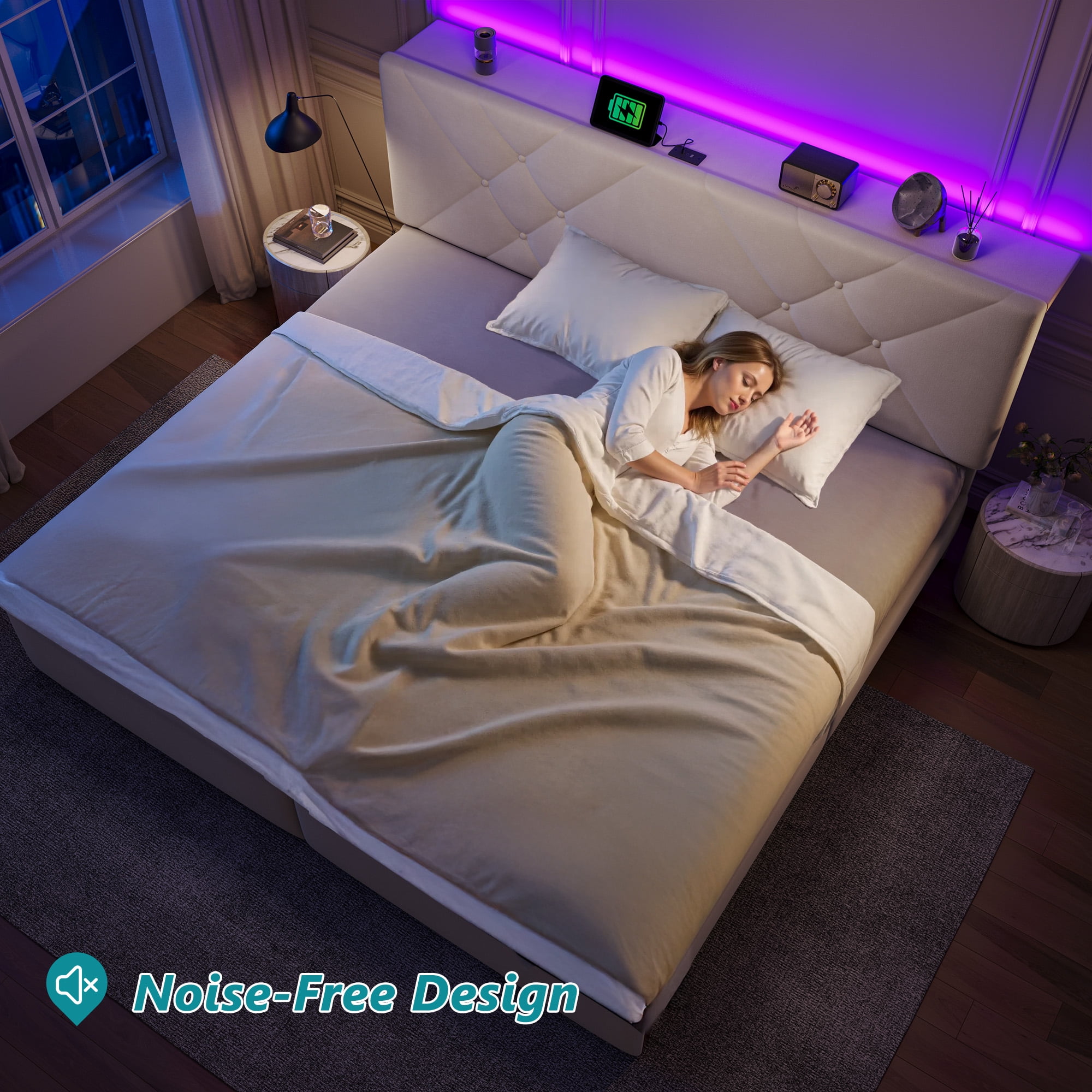 EnHomee King Size Bed Frame with 2 Drawers &  Storage Platform Upholstered Bed Frame King with Headboard King Bed Frame with LED Lights & Charge Station, No Box Spring Needed, No-Noise, Beige